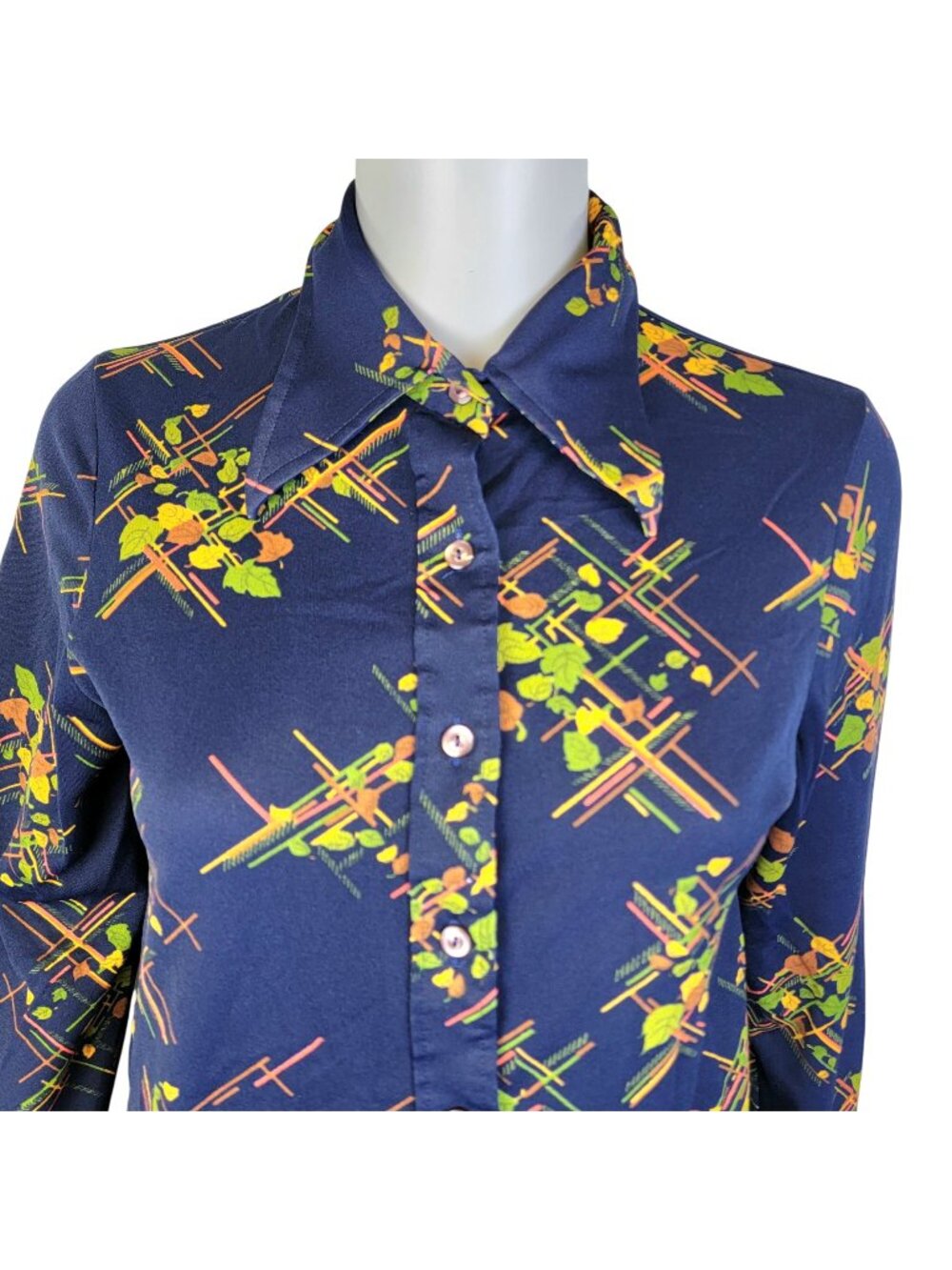 Vintage 70s Floral Blouse Shirt Women Medium Blue Green Point Collar Button Top